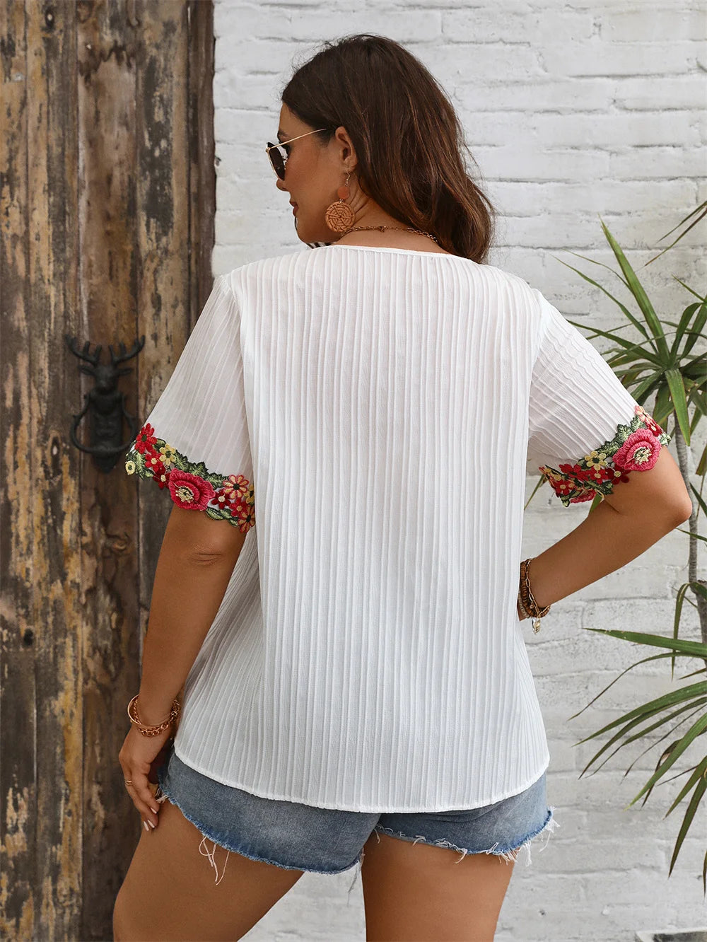 Embroidered-Cuff Square-Neck Blouse