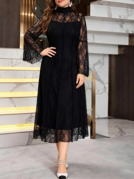High-Neck Lace A-Line Midi Dress