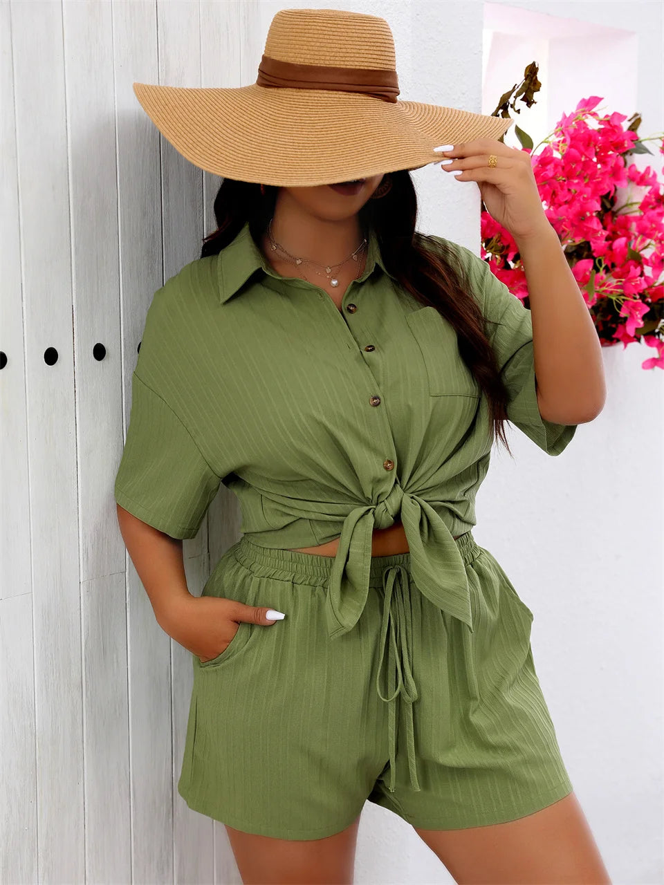 Pocket Shirt & Drawstring Shorts Set