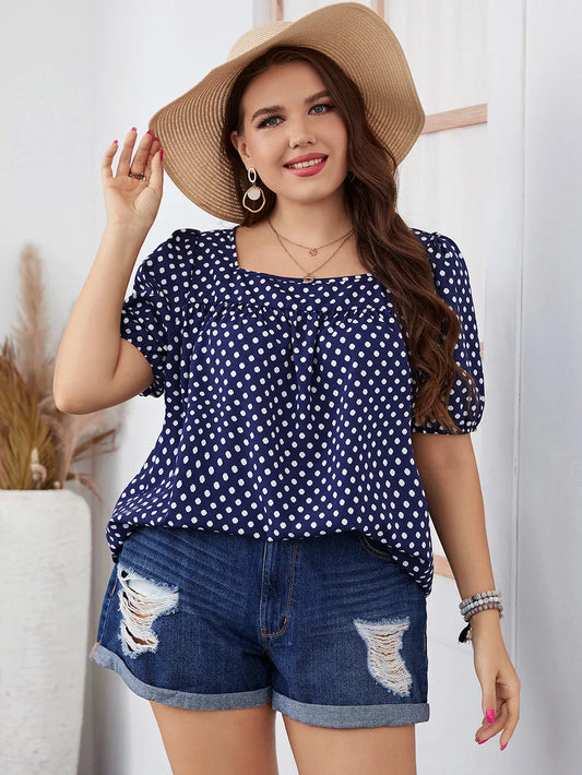 Polka-Dot Square-Neck Puff-Sleeve Blouse