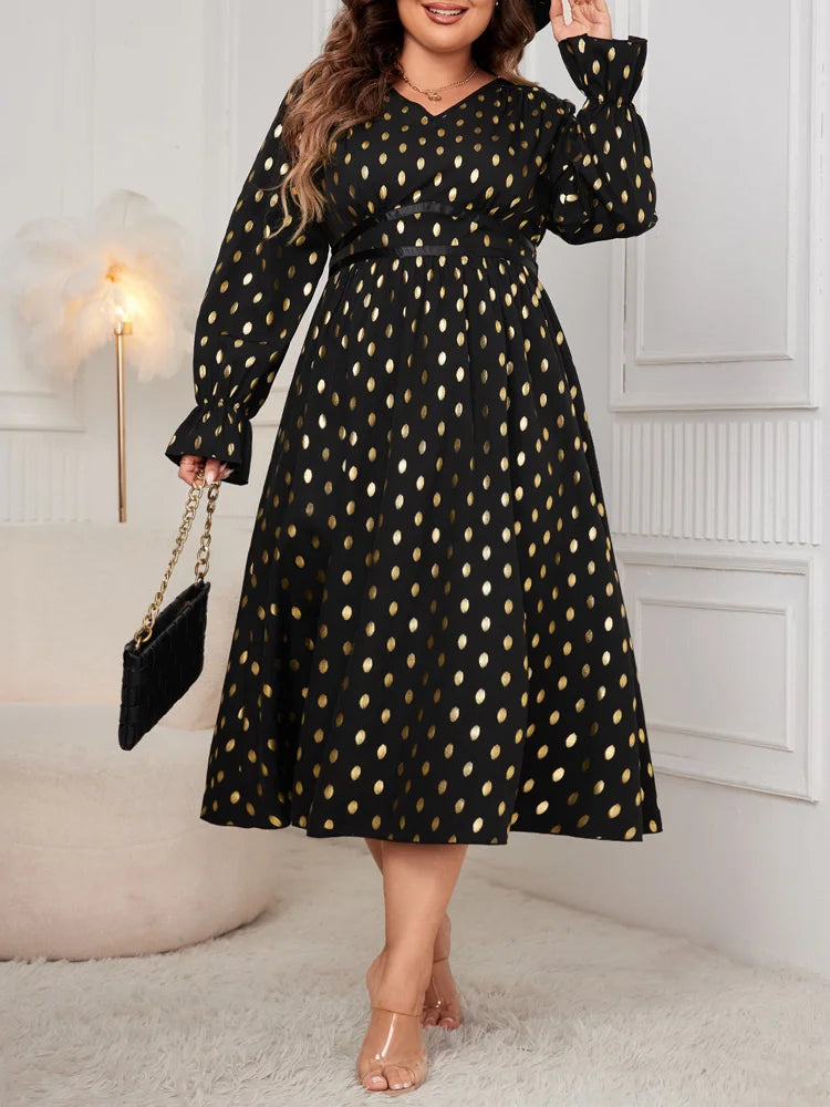 Metallic-Dot V-Neck Midi Dress