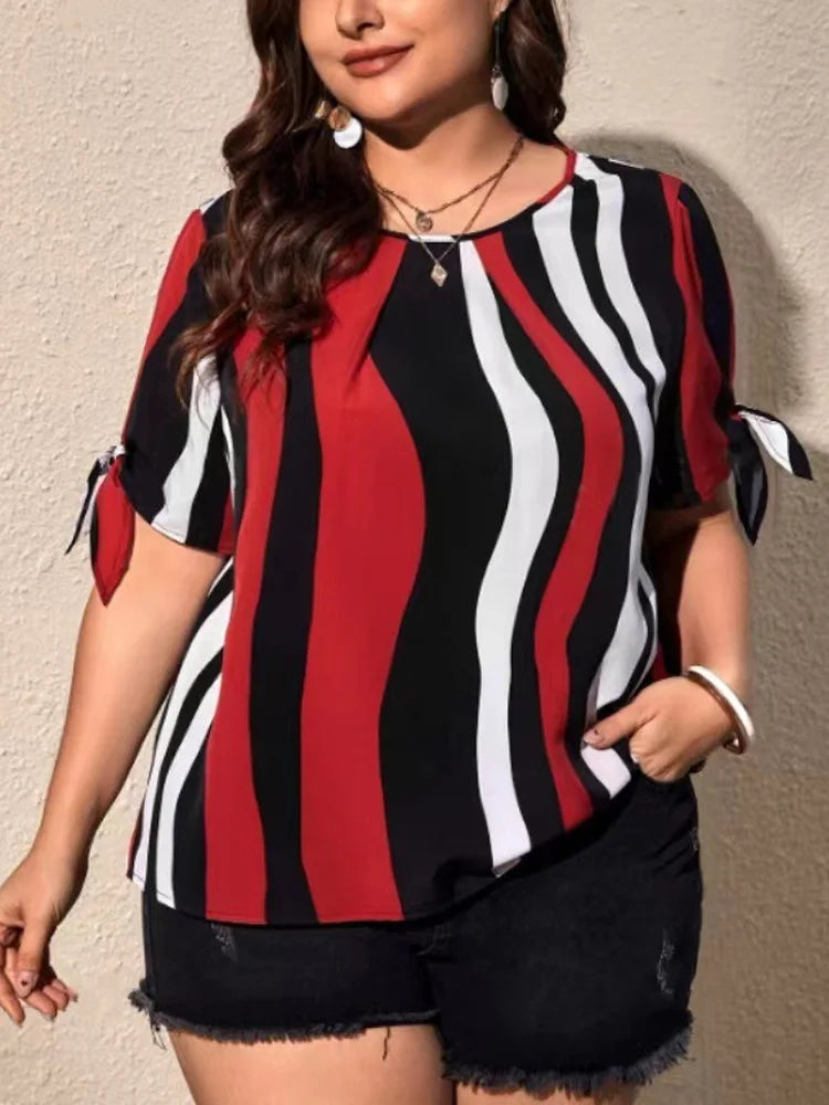 Wavy-Stripe Bow-Sleeve Top