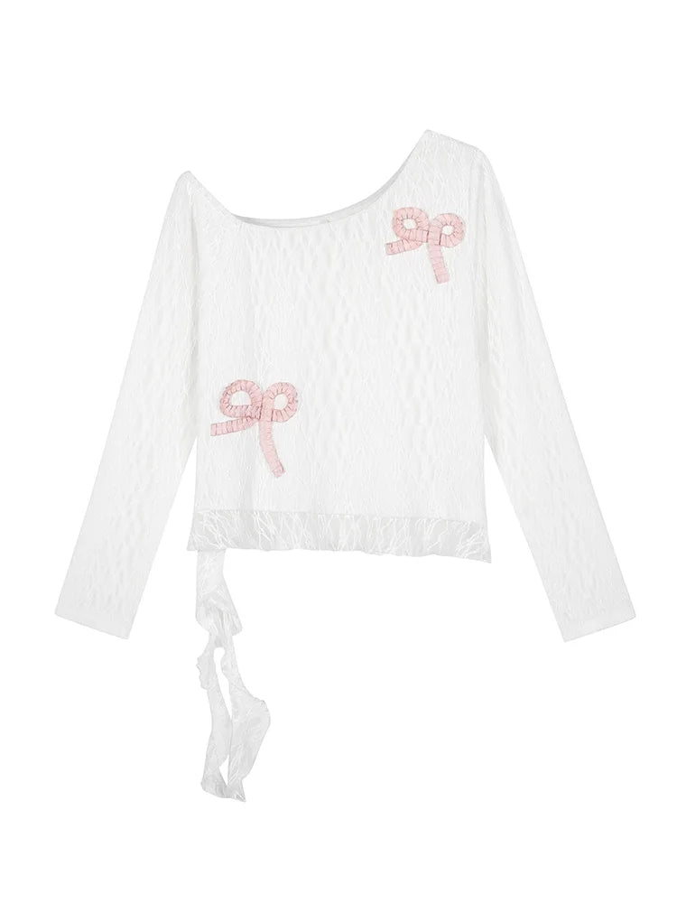 Bow-Appliqué Asymmetric Lace Top