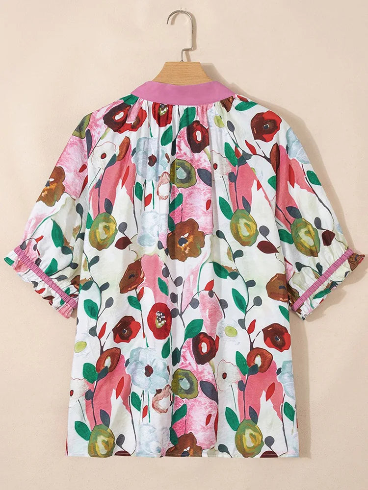 Floral Ruffle-Cuff Split-Neck Blouse