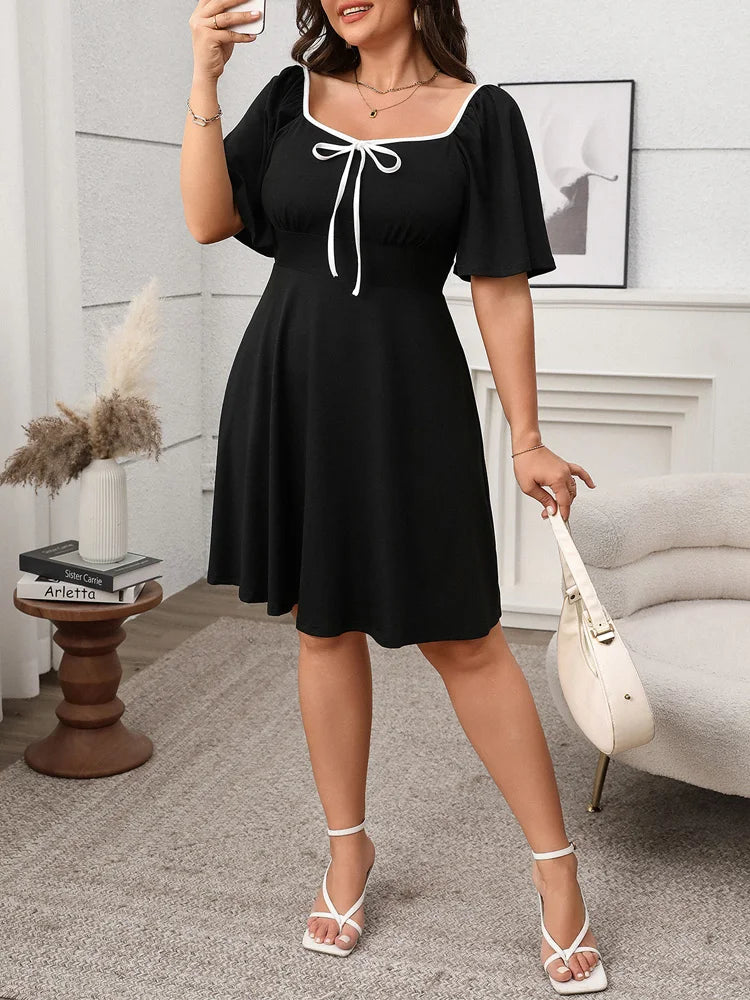 Bow-Trim Square-Neck Mini Dress