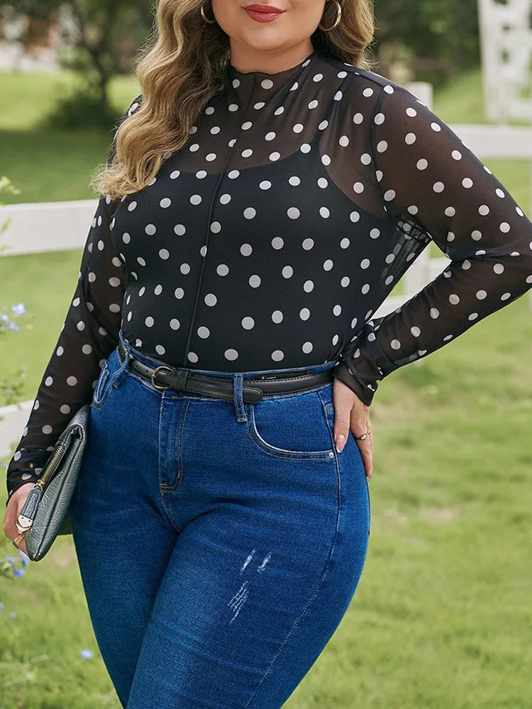 Polka-Dot Sheer Mock-Neck Top