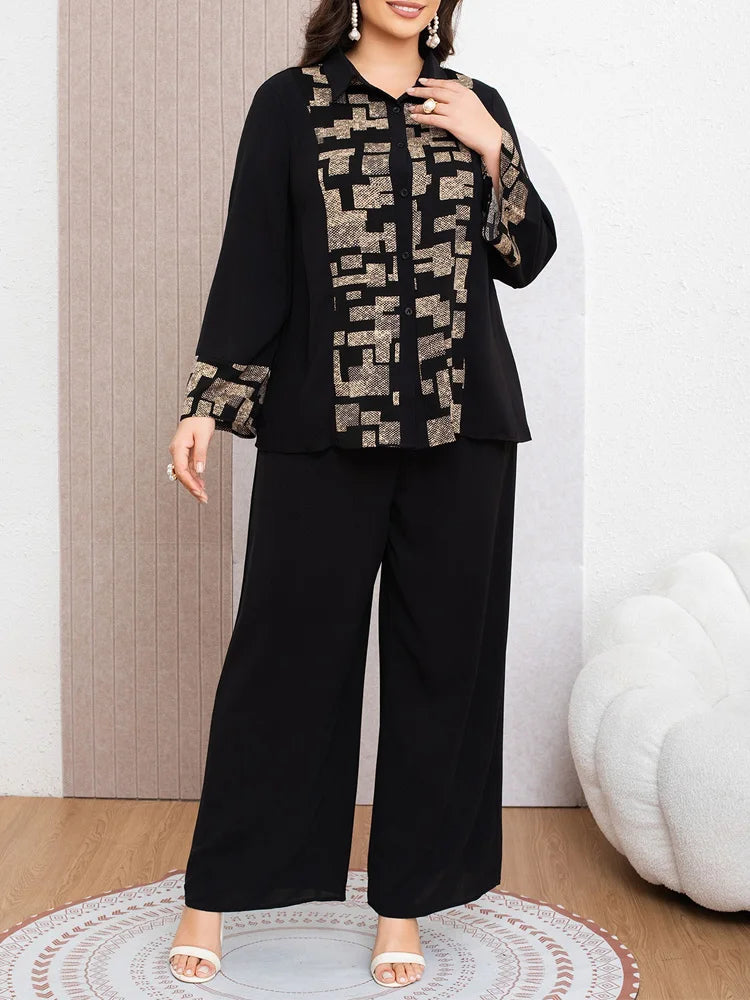 Geometric-Panel Shirt & Wide-Leg Pants Set