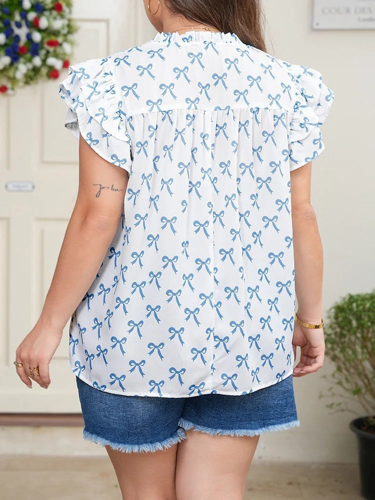 Bow-Print Ruffle-Sleeve Blouse