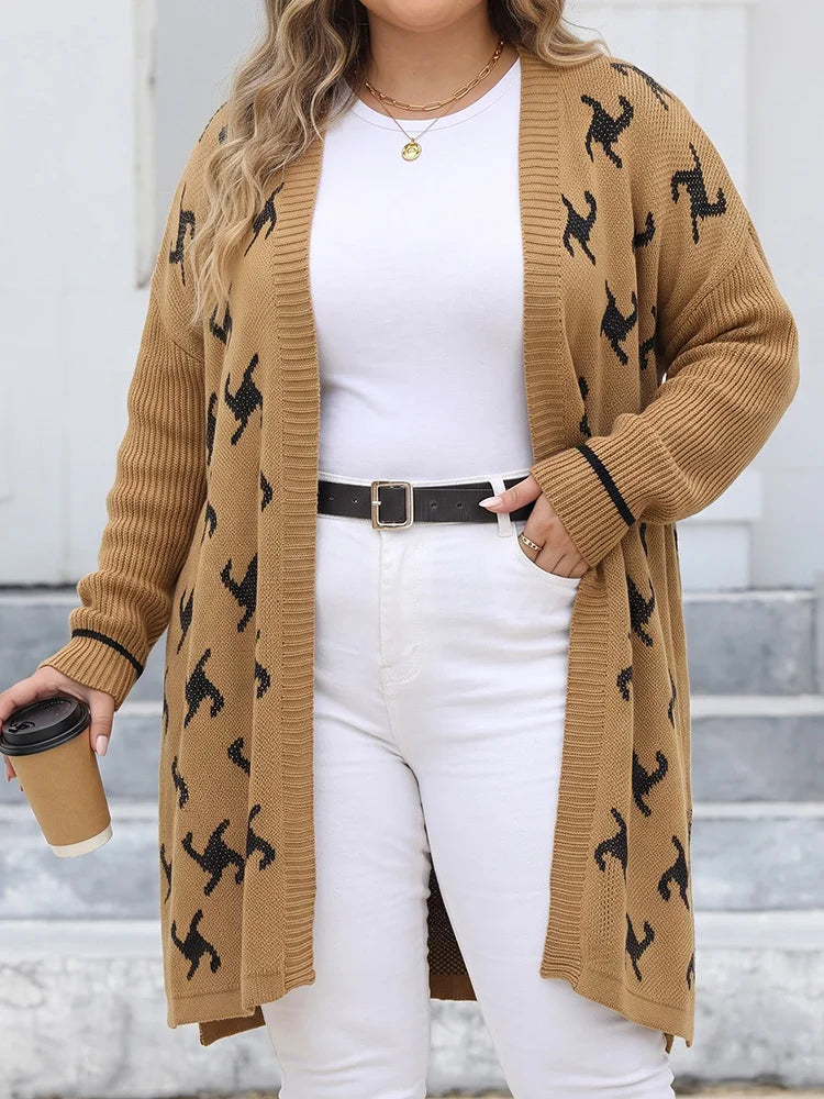 Cat-Print Longline Side-Slit Cardigan