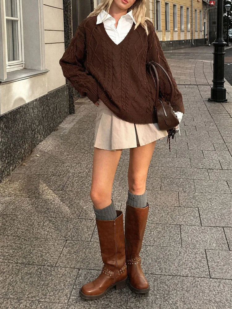 Cable-Knit V-Neck Layered Sweater