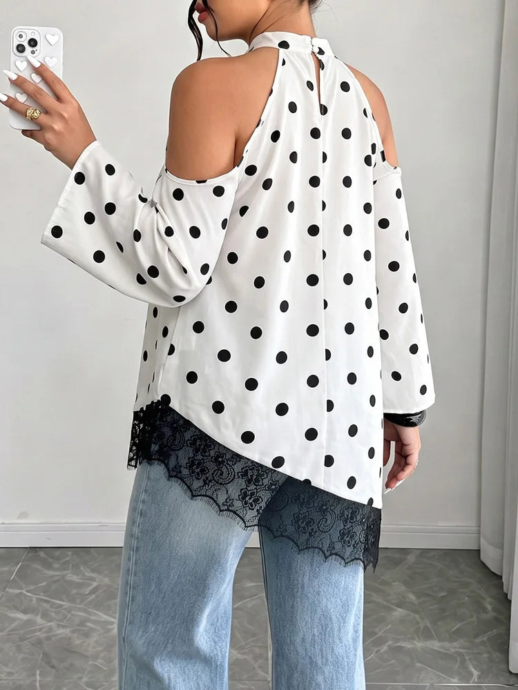 Polka-Dot Cold-Shoulder Lace Blouse