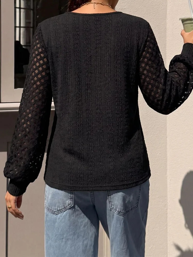 Openwork-Sleeve Button-Front Top