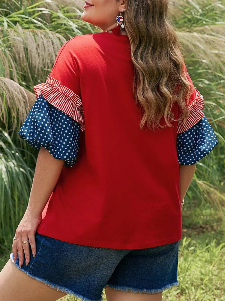 Star-Print Ruffle Puff-Sleeve Top