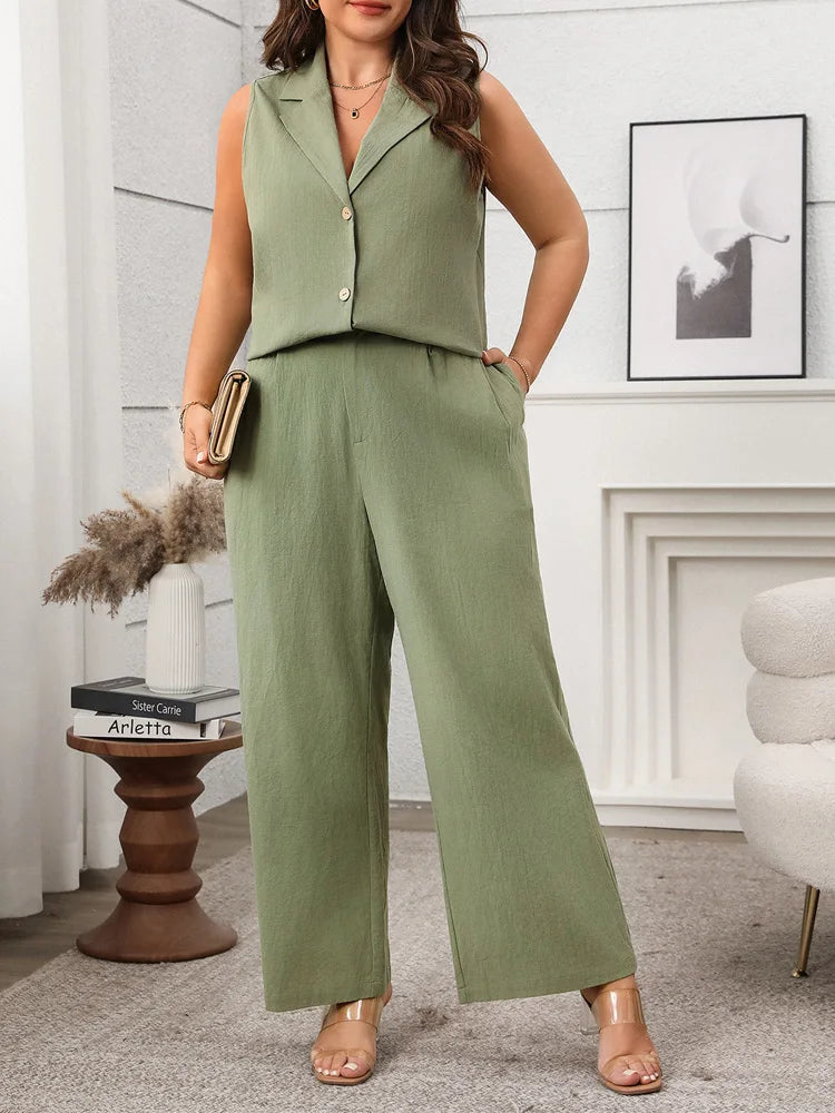 Sleeveless Lapel Vest & Wide-Leg Pants Set