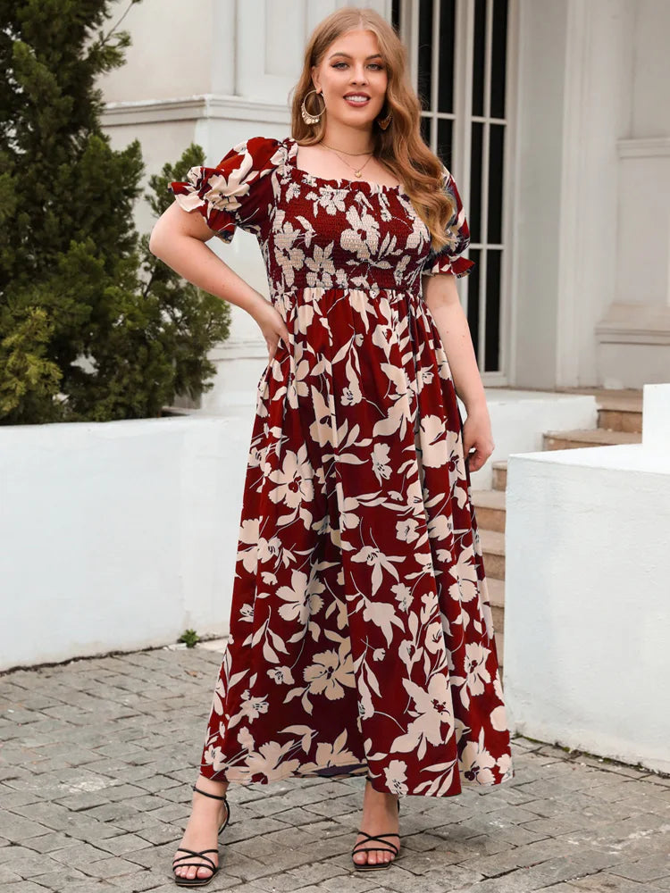 Floral Smocked-Bodice Green Maxi Dress