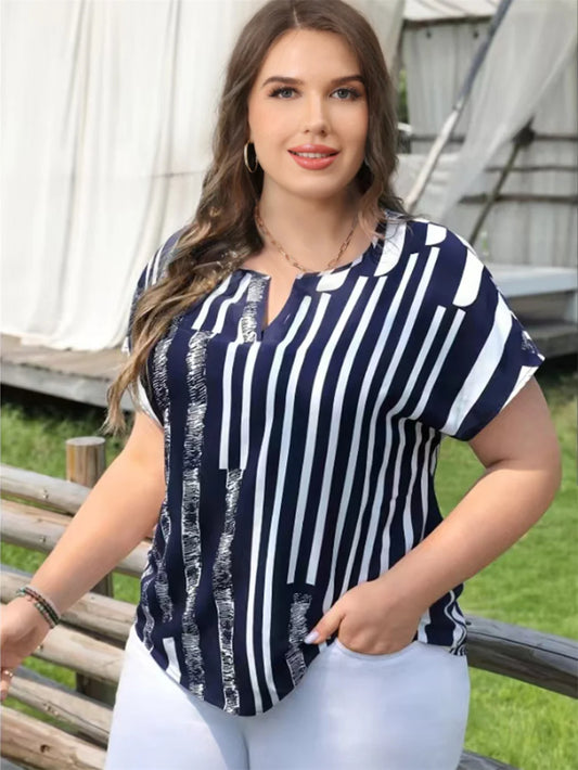 Mixed-Stripe Split-Neck Blouse