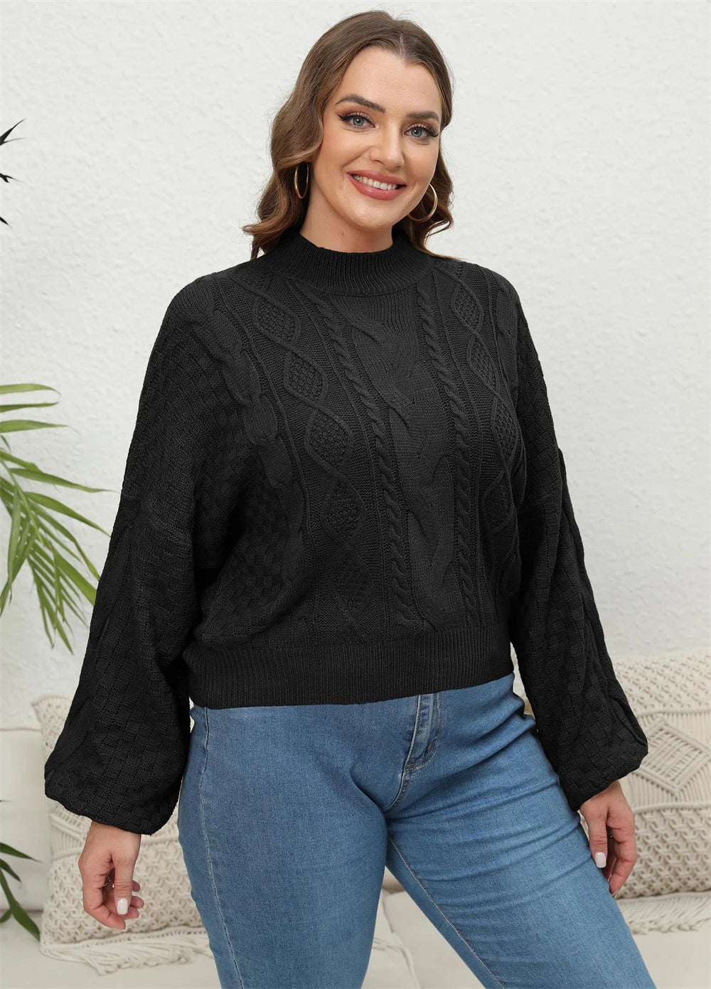 Mock-Neck Openwork Balloon-Sleeve Sweater