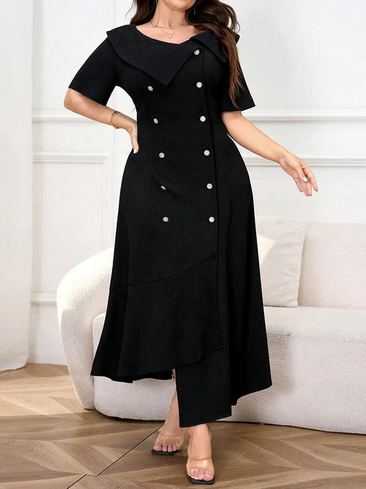 Asymmetric-Collar Double-Breasted Maxi Dress