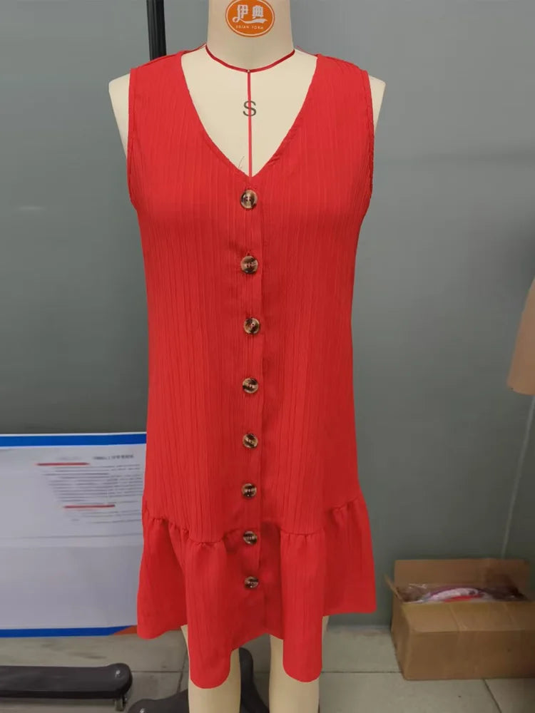 Button-Front Ruffle-Hem Mini Dress