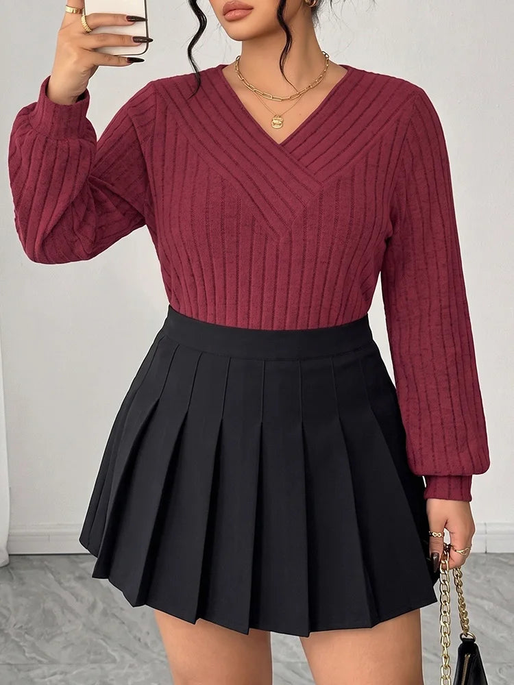 Relaxed Ribbed V-Neck Top