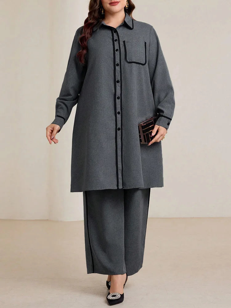 Contrast-Piped Longline Shirt & Wide-Leg Pants Set