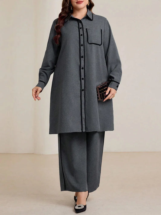 Contrast-Piped Longline Shirt & Wide-Leg Pants Set