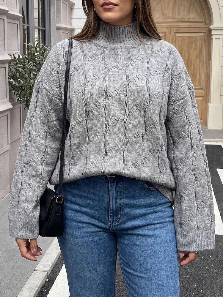Cable-Knit Mock-Neck Bell-Sleeve Sweater