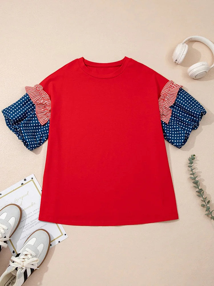 Star-Print Ruffle Puff-Sleeve Top