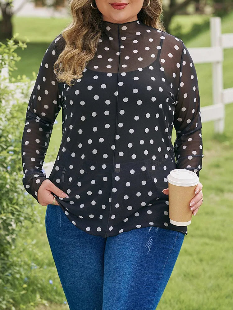 Polka-Dot Sheer Mock-Neck Top