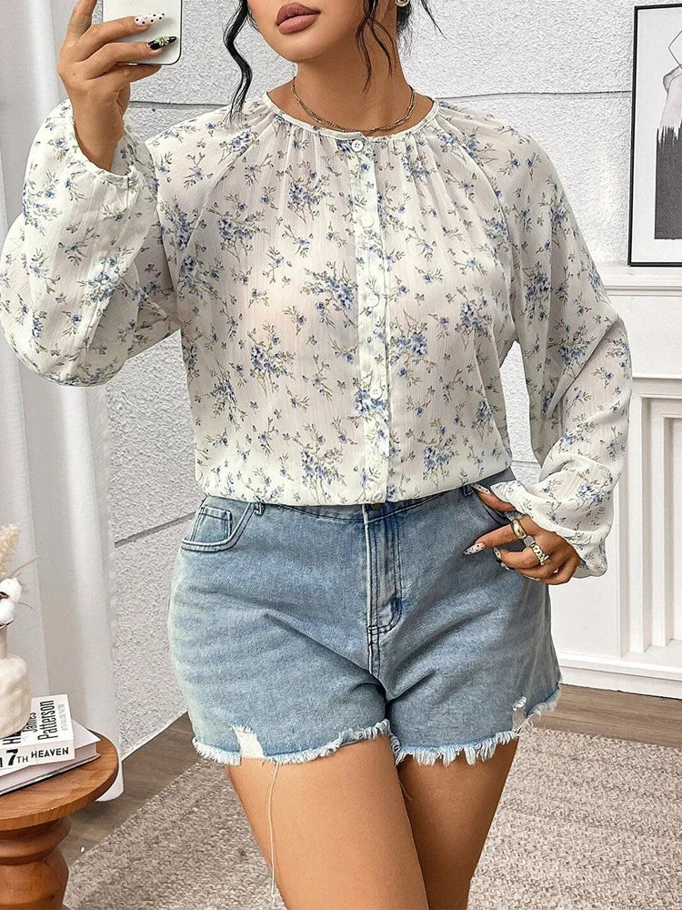 Ditsy-Floral Gathered-Neck Blouse