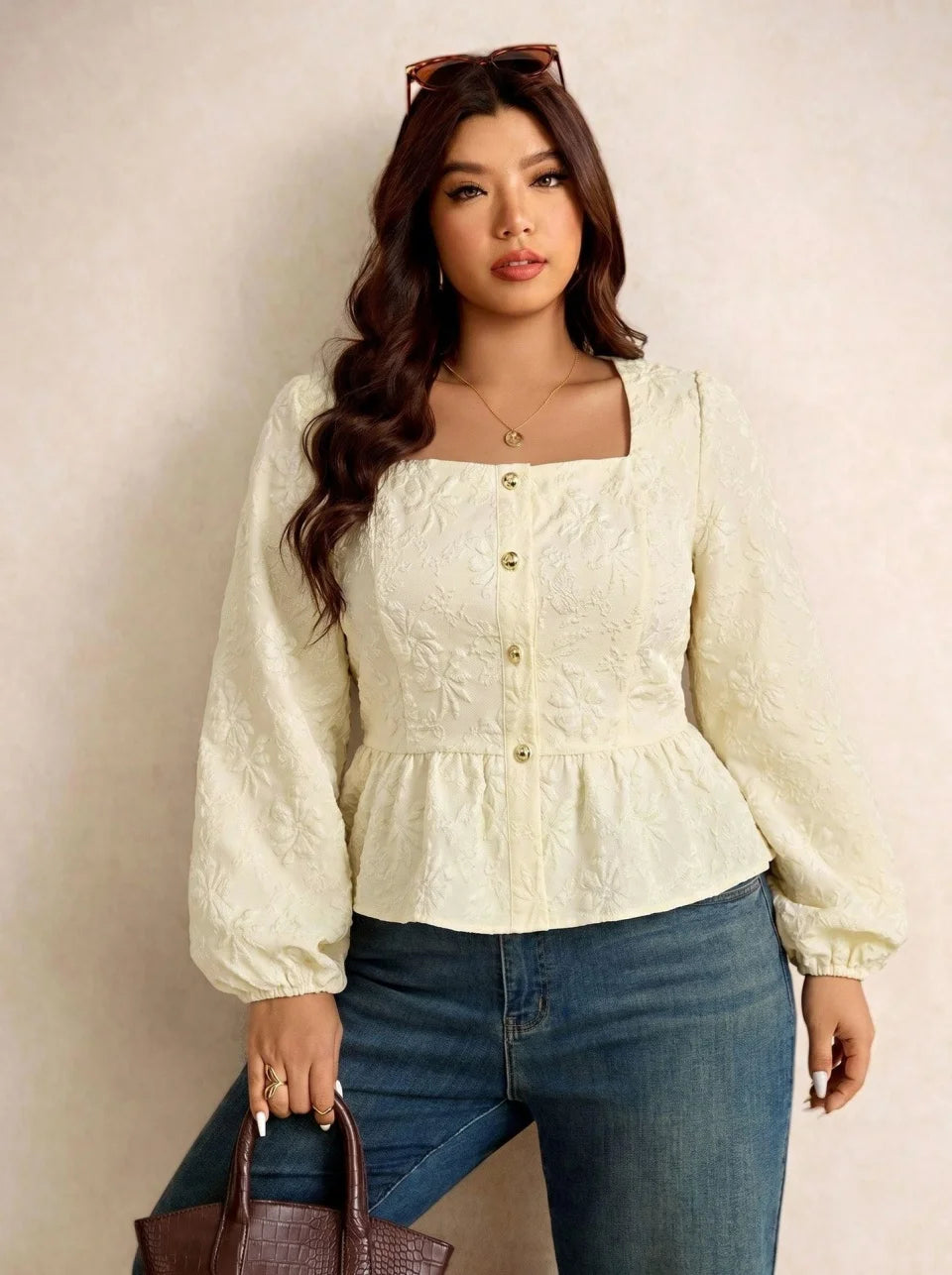 Jacquard Square-Neck Peplum Blouse