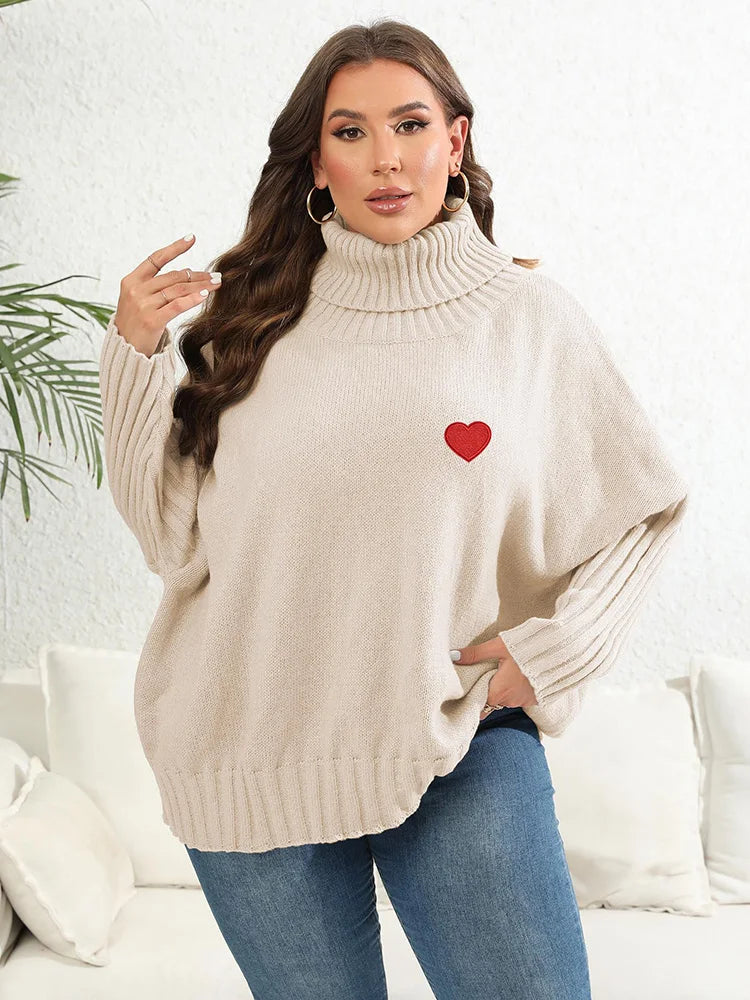Heart-Appliqué Ribbed-Sleeve Turtleneck Sweater