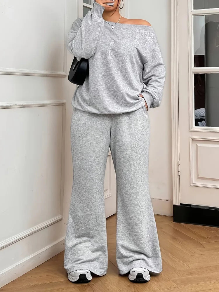 Off-Shoulder Sweatshirt & Flared Pants Set