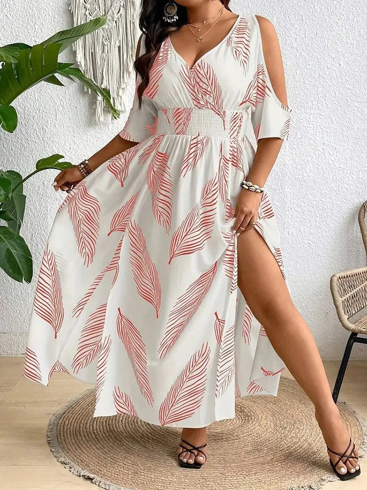 Leaf-Print Cold-Shoulder Maxi Dress