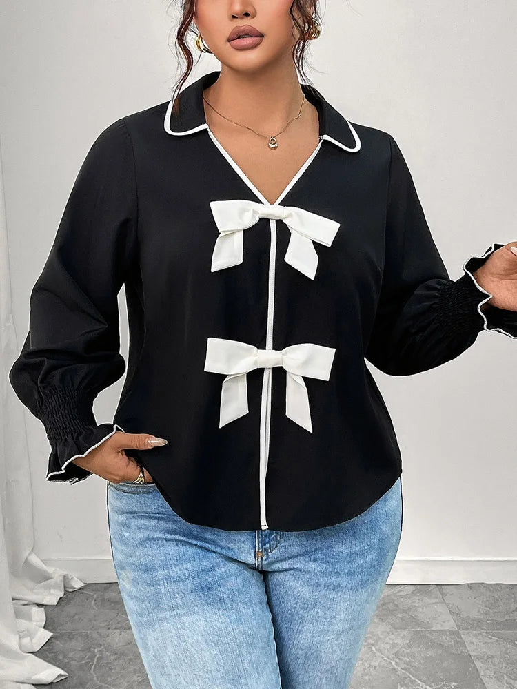 Contrast-Bow Ruffle-Cuff Blouse