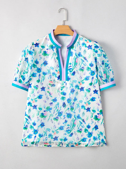 Watercolor-Floral Contrast-Trim Blouse