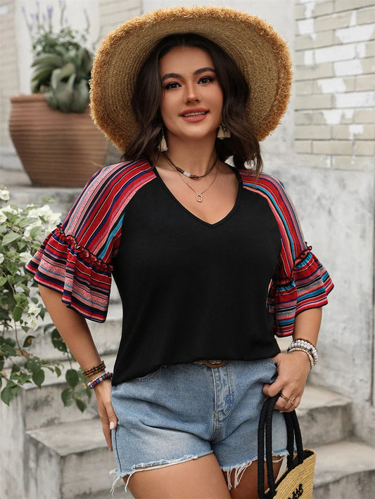 Contrast-Stripe Ruffle-Sleeve Top