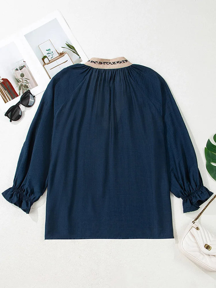 Contrast-Trim Split-Neck Blouse