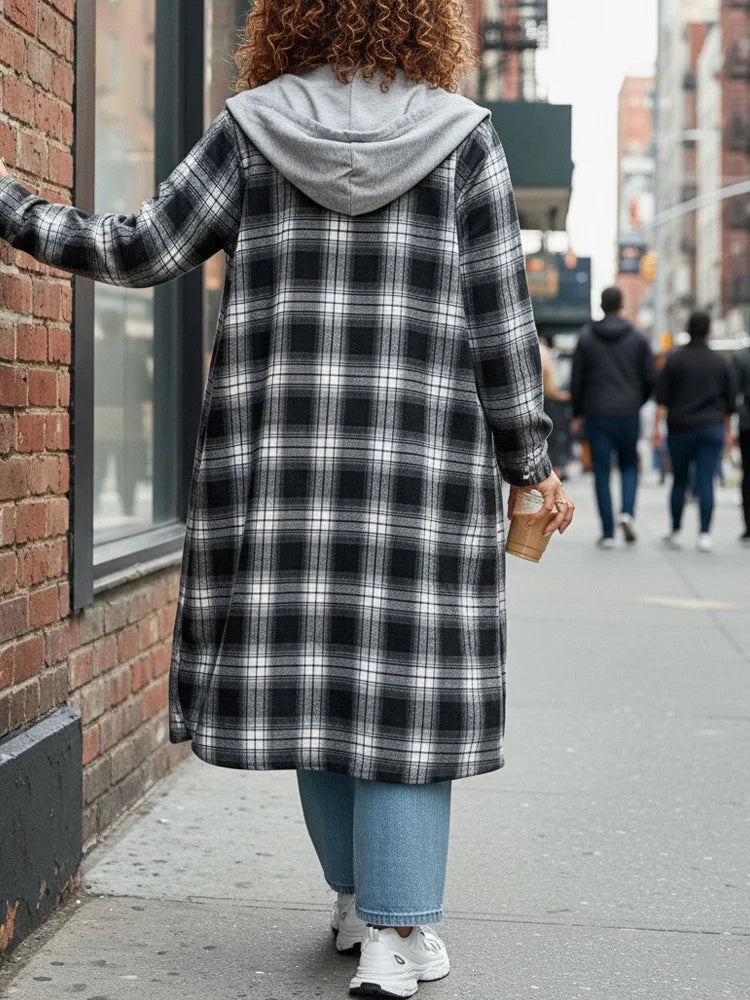 Plaid Hooded Longline Shirt Jacket