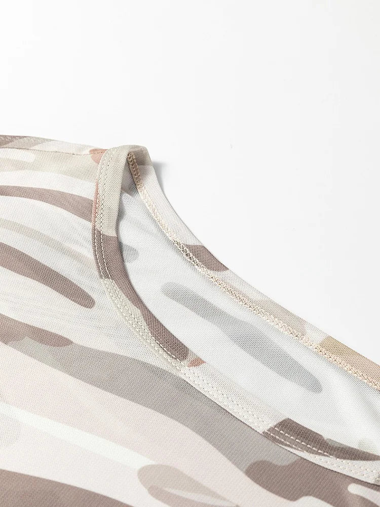 Camo-Print Sheer Long-Sleeve Top