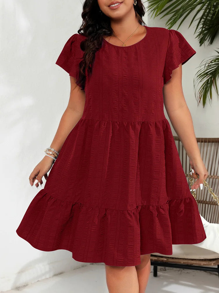 Textured Flutter-Sleeve Tiered Dress
