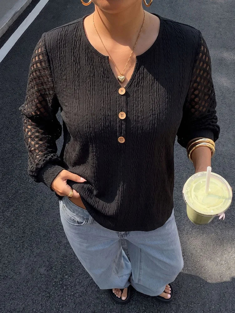 Openwork-Sleeve Button-Front Top