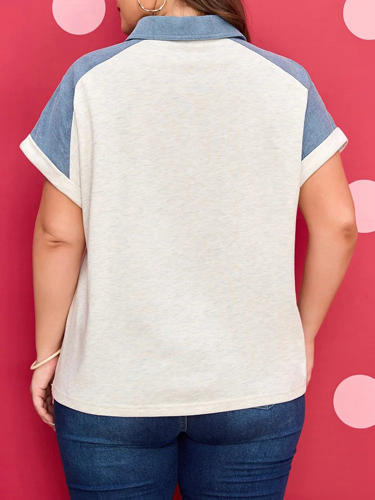 Colorblock Polo-Collar Button-Placket Top