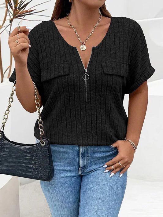 Ribbed Ring-Zip Pocket Top