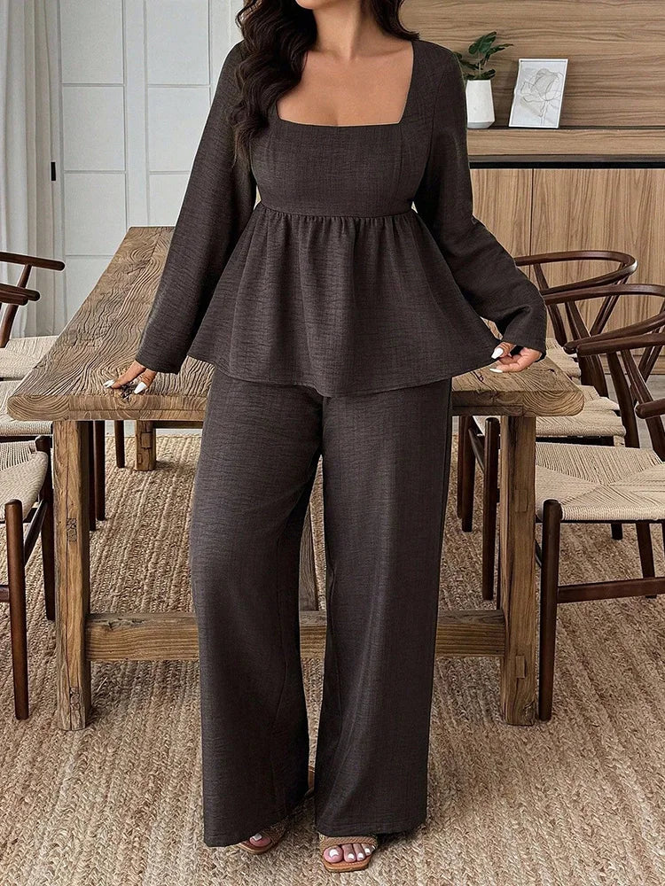 Square-Neck Peplum Top & Wide-Leg Pants Set