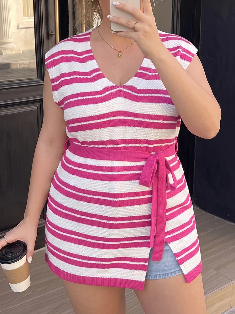 Striped Belted V-Neck Longline Vest