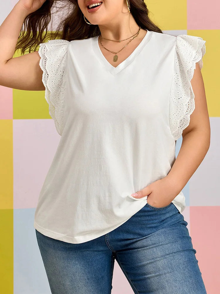 Eyelet Ruffle-Sleeve V-Neck Top