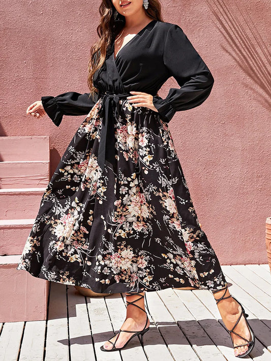 Floral-Panel Wrap Maxi Dress