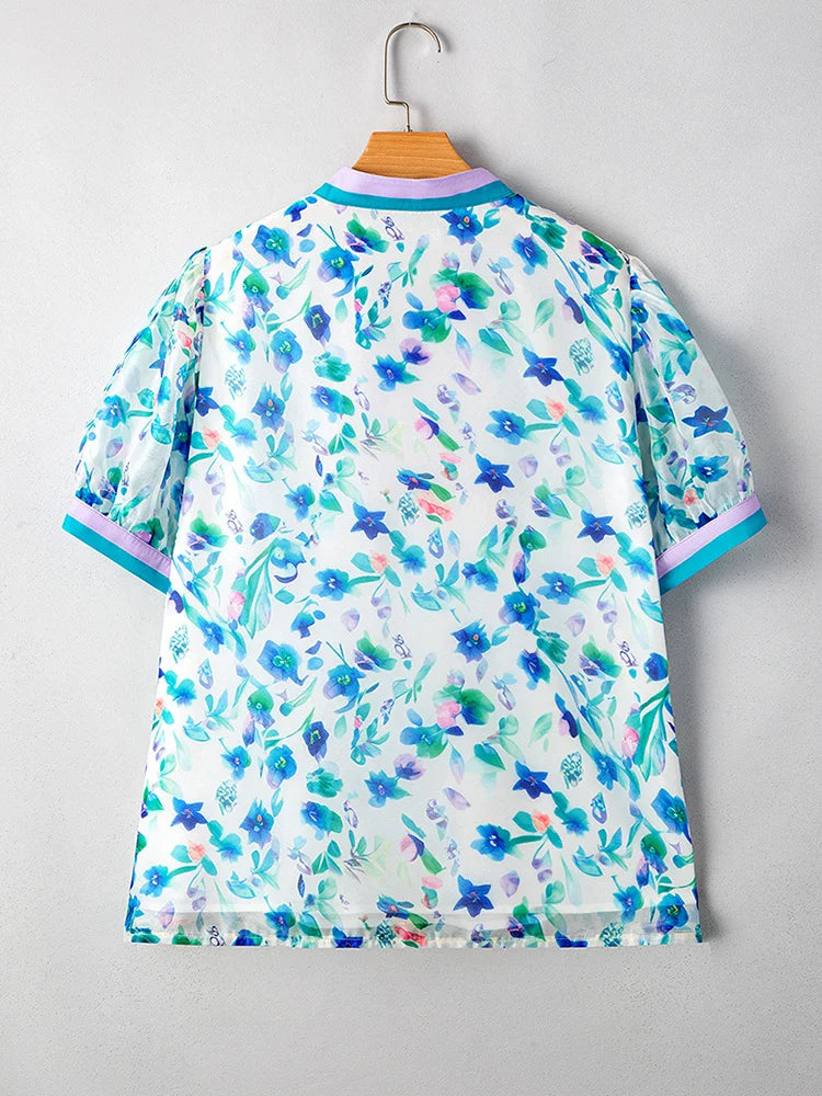 Watercolor-Floral Contrast-Trim Blouse