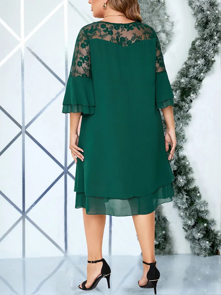 Lace-Yoke Layered Midi Dress